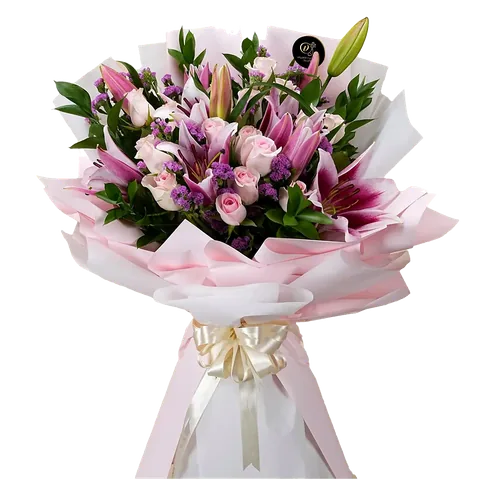 Pink Mixed Flowers Bouquet, 6 Stem Pink Lily, 15 Stem Roses, 10 Stem Statis