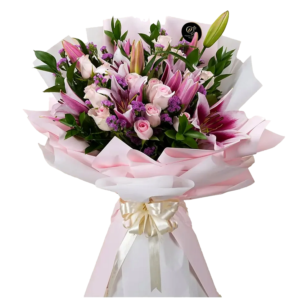 Pink Mixed Flowers Bouquet: 6 Stem Pink Lily, 15 Stem Roses, 10 Stem Statis