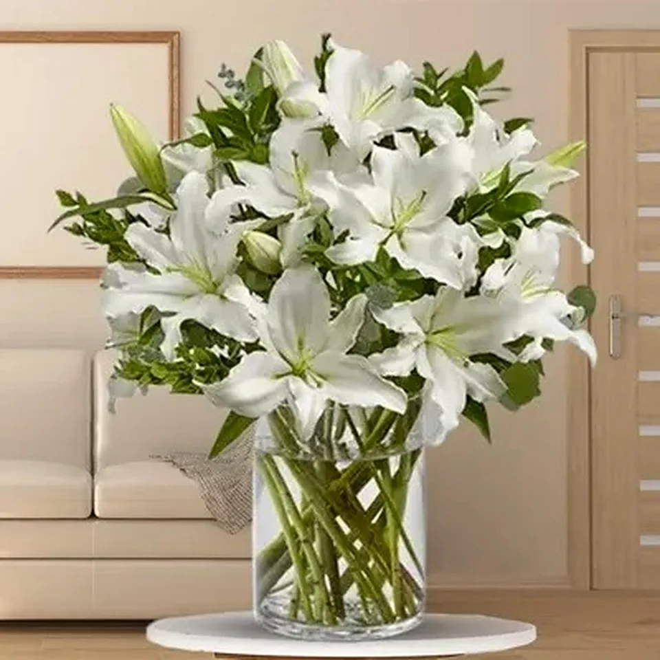 White Lilies in Vase, 10 Stem Lilies in Vase